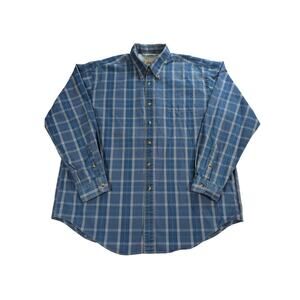 VTG Nautica Denim XL Button Down Shirt Blue Plaid Cotton Classic Fit USA Made
